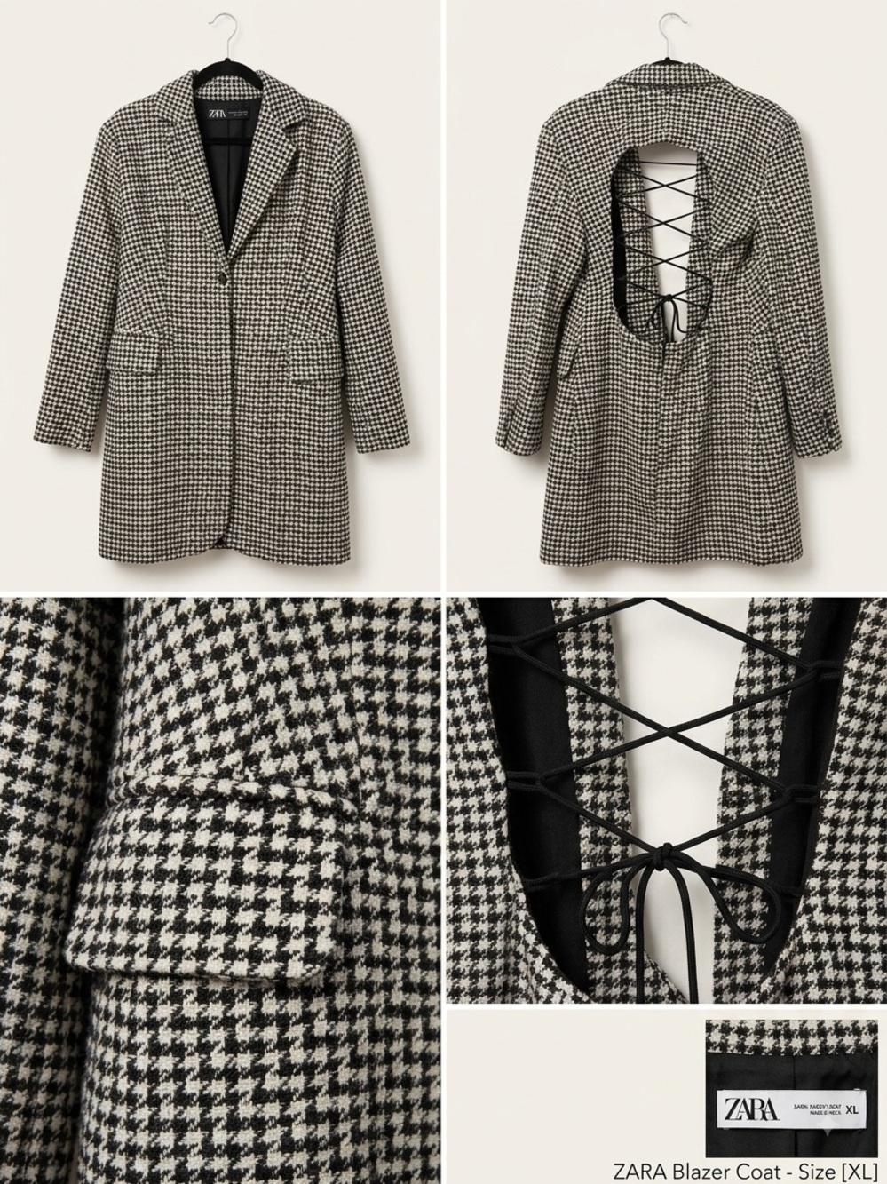 ZARA Black & White Houndstooth dress/coat with Lace-Up Back